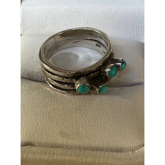 Handcrafted Sterling Silver Ring With Turquoise Stones Size 8 - Picture 4 of 5